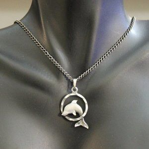 Silver-tone Dolphin Jumping Through Hoop Pendant Necklace